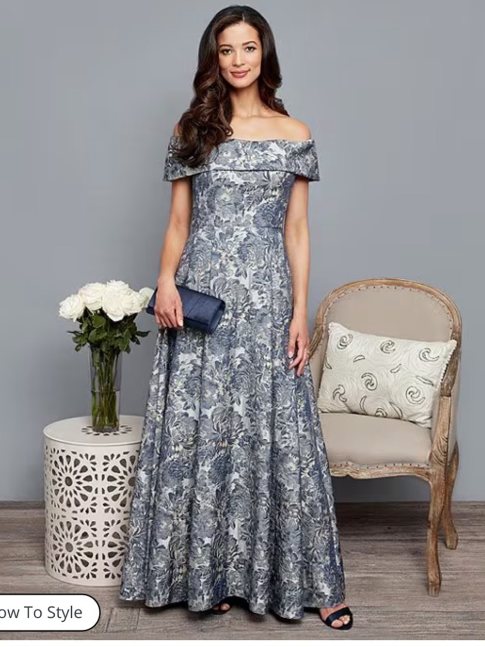 Alex Evenings Silver-Gray Floral Off-Shoulder Maxi Gown